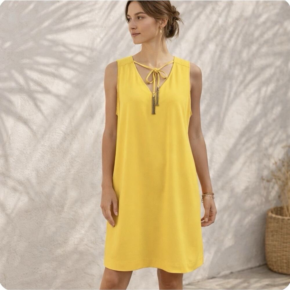 Trina Turk Yellow Shift Dress Size 14 Sleeveless Tassel Tie Back Resort Summer